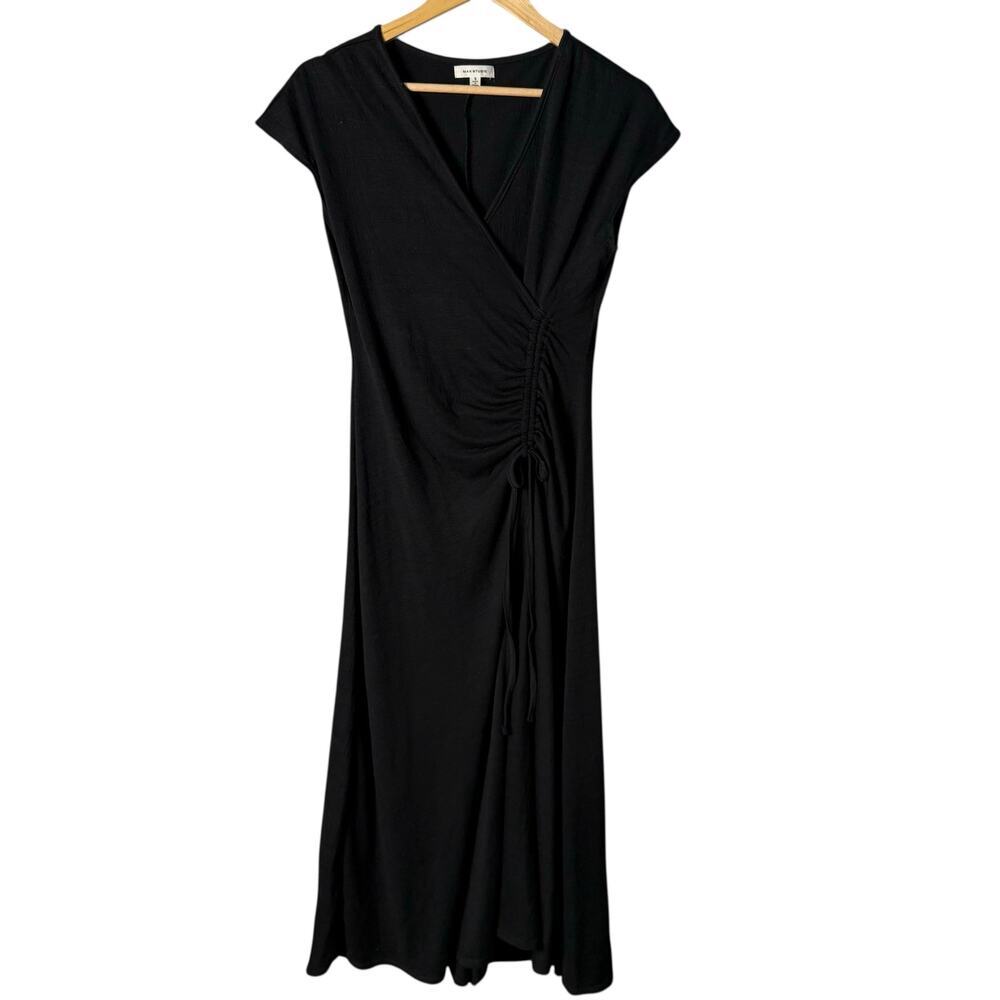 Max Studio Faux Wrap Side Ruched Midi Dress in Black Crinkled Jersey, Size Small - Picture 2 of 11
